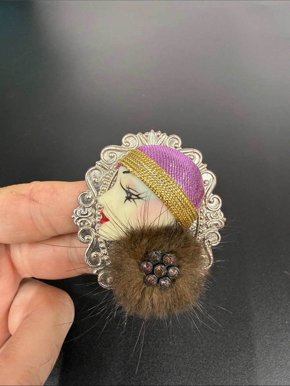 Vintage-Inspired Woman Profile Brooch with Purple Cap and Brown Fur